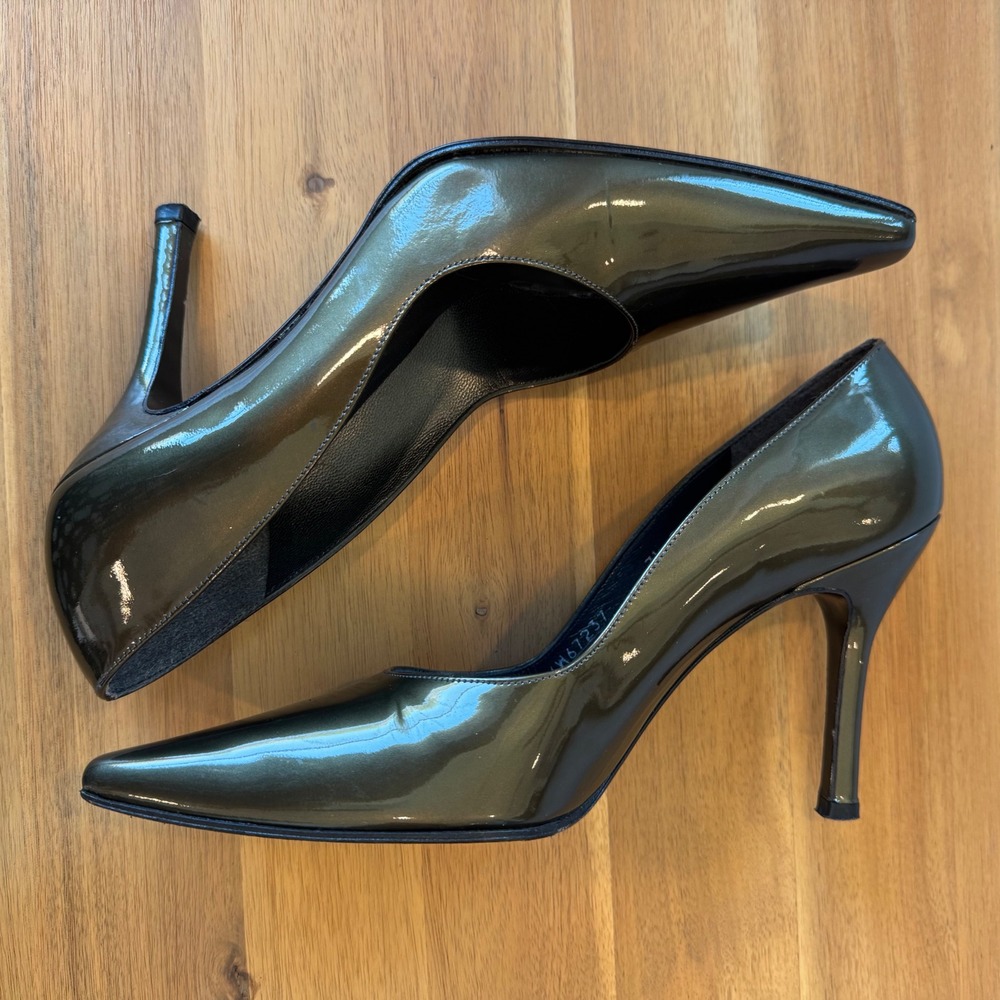 Stuart Weitzman Women 7.5 B Metallic Pewter Olive Patent Leather Stiletto Pumps